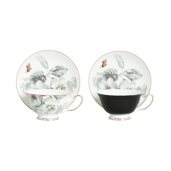 LUCKYART - Lucky Art Harmonia New Bone China Gri&Siyah Naturel Desenli 2li Çay Fincanı Seti (1)