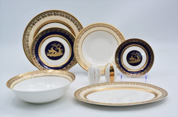 Lucky Art - Lucky Art Lavinia Bone China Porselen Gold Desen Detaylı Lacivert& Beyaz Klasik Yemek Takımı 67 parça (1)